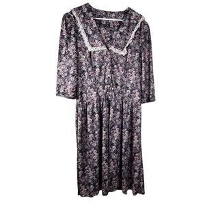 MCS Ltd Vintage Womens Multicolor Floral Dress Lace Trim 3/4 Sleeve Button Front